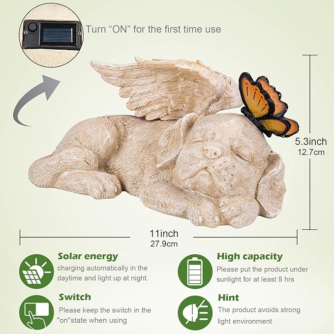 WONDER GARDEN Sleeping Dog Angel Statue with Solar Light - Pet Memorial Stone, in Memory of Dog, Marker Tribute Statues, Resin Guardian Angels, Bereavement Gift