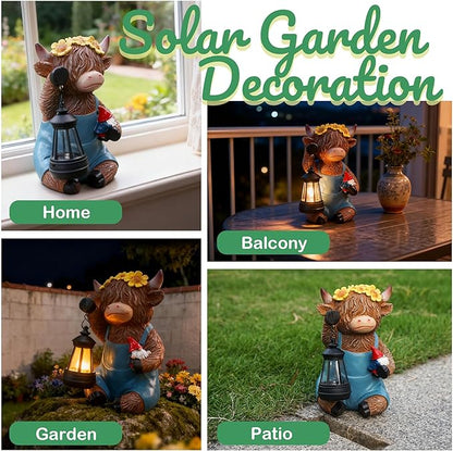 Solar Highland Cow Gnomes Garden Decorative Statue - Resin Solar Lights Cows Figurine Yard Outdoor Decor with Detachable Lantern, Animal Figurines Balcony Ornaments, for Women/Mom