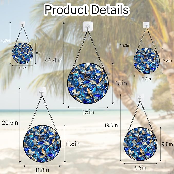 Stained Glass Window Hanging - Blue Gold Abstract Flowers Suncatcher for Door Terrace Garden Home Decor, Plant Sun Catcher Birthday Gifts for Lovers Women Men Dad Mom Nana 9.8 in