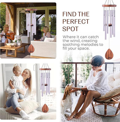 UpBlend Wind Chimes for Outside Gift – Deep Tone Wind Chime with Decorative Stone – Porch & Patio Decor, Elegant Outdoor Ornament, Garden Gifts. 28” Silver.
