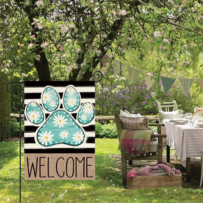 AVOIN colorlife Blue Paw Print Spring Garden Flag 12x18 Inch Double Sided Outside, Daisy Floral Welcome Stripes Yard Outdoor Flag