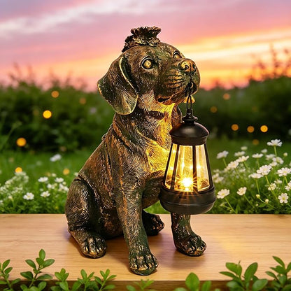 Solar Garden Statue Dog Figurine Decor with Lantern Lights, 11 Inch Outdoor Decoration Solar Dog Sculptures for Outside Patio Lawn Balcony Yard Ornament, Dogs Lover Gifts for Women Mom Mother's Day