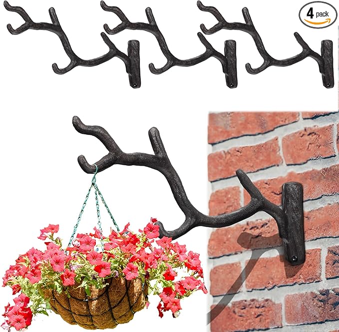 Blulu 4 Pcs 11'' Cast Iron Tree Branch Plant Hangers Decorative Metal Wall Bracket Hooks Wall Heavy Duty Home Storage Rack for Hanging Plants Pot Basket Lantern Wind Chimes Outdoor Indoor (Rust Brown)