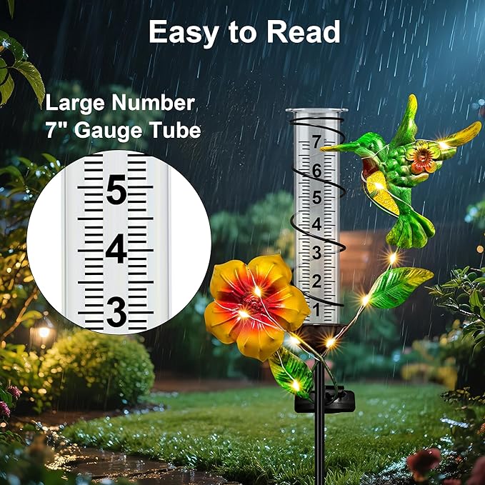 Rain Gauge Outdoor - Hummingbird Decorative Rain Gauges with LED Solar Lights, Freeze Proof Height Adjustable, Metal Water Gauge for for Yard Garden Decor