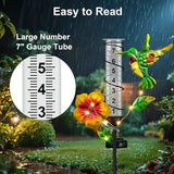 Rain Gauge Outdoor - Hummingbird Decorative Rain Gauges with LED Solar Lights, Freeze Proof Height Adjustable, Metal Water Gauge for for Yard Garden Decor