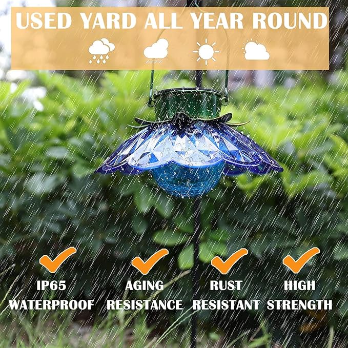 XUWEN Solar Lights Outdoor Waterproof - Blue Solar Flower Light with Crackle Globe Glass Light, Hanging Lanterns Decorative Outdoor for Yard Walkway Lawn Fence,Christmas Housewarming Gifts for Women.