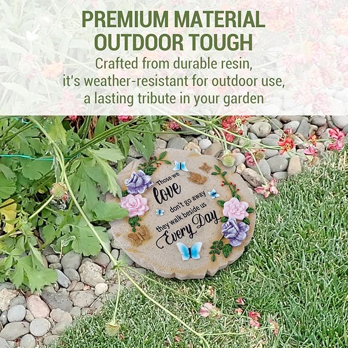 MyGift 9 Inch Resin Memorial Stepping Stone, Butterfly & Floral Sympathy Plaque, Bereavement Remembrance Gifts for Loss of Loved One, Outdoor Remembrance Stone