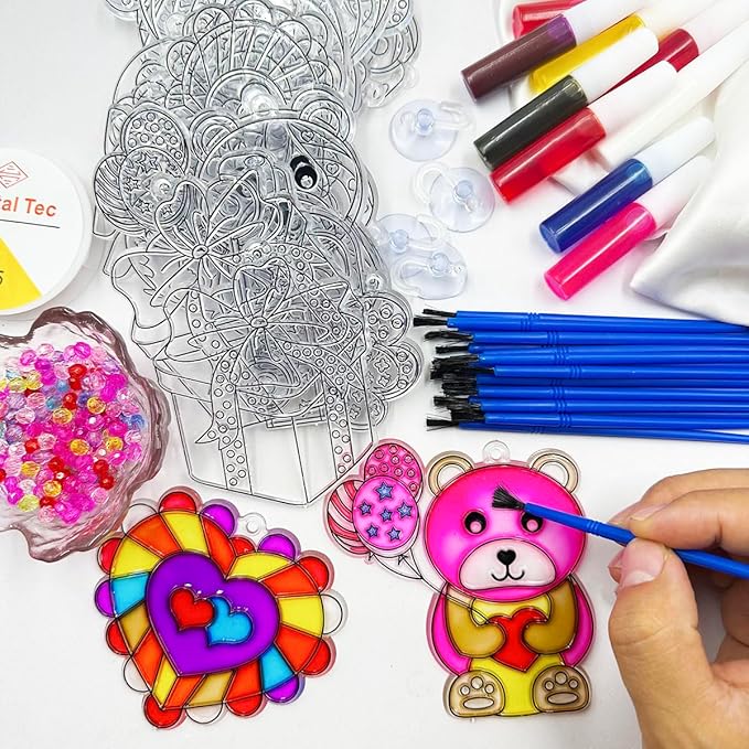 AUEKIV Valentines Suncatcher Crafts Kit 24sets Heart DIY Window Paint Art Suncatchers,Bear Sun Catchers for Valentine's Day Mother's Day Gift Exchange Classroom Art Project Party Favors