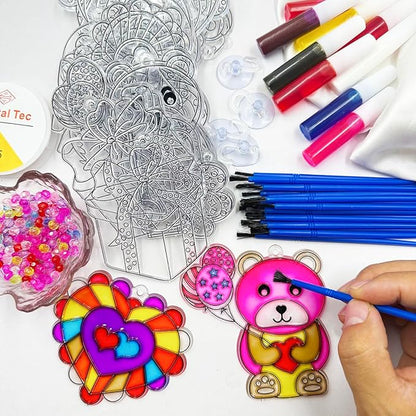 AUEKIV Valentines Suncatcher Crafts Kit 24sets Heart DIY Window Paint Art Suncatchers,Bear Sun Catchers for Valentine's Day Mother's Day Gift Exchange Classroom Art Project Party Favors