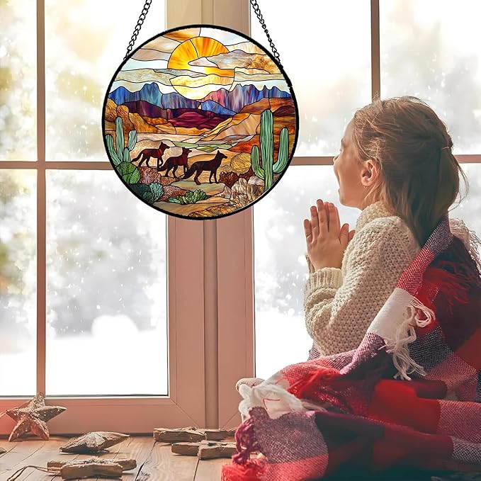 CHATYOUNG Stained Glass Window Hanging Sunset Desert Landscape Wolf 6.3" - Suncatcher Door Garden Sunroom Sun Catcher Home Decor Birthday Father's Day Christmas for Mom Woman Nana Men Friend