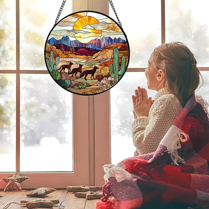CHATYOUNG Stained Glass Window Hanging Sunset Desert Landscape Wolf 6.3" - Suncatcher Door Garden Sunroom Sun Catcher Home Decor Birthday Father's Day Christmas for Mom Woman Nana Men Friend