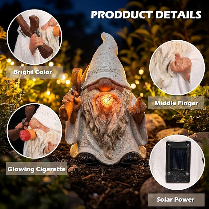 EXYGLO Solar Gnome Garden Decor Statue, 5.7" Middle Finger Gnome with Flickering Cigar Outdoor Funny Decoration for Lawn, Patio, Yard, and Unique Housewarming, Individual Birthday Ornament Gift