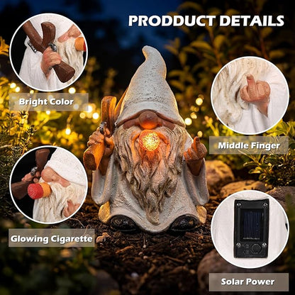 EXYGLO Solar Gnome Garden Decor Statue, 5.7" Middle Finger Gnome with Flickering Cigar Outdoor Funny Decoration for Lawn, Patio, Yard, and Unique Housewarming, Individual Birthday Ornament Gift