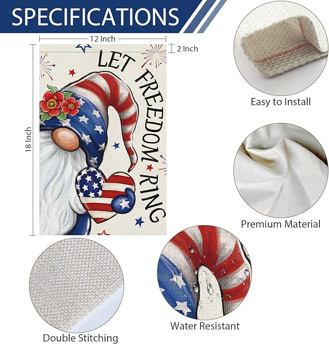 Heyfibro Let Freedom Ring Gnome Patriotic Garden Flag 12x18 Double Sided Burlap, 4th Of July Fireworks Red Flower Heart Pattern Yard Flags for Rustic Independence Day Outdoor Decor (ONLY FLAG)