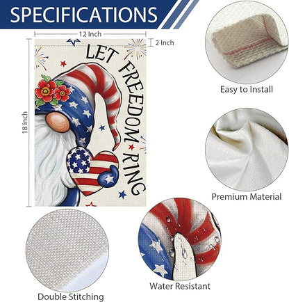 Heyfibro Let Freedom Ring Gnome Patriotic Garden Flag 12x18 Double Sided Burlap, 4th Of July Fireworks Red Flower Heart Pattern Yard Flags for Rustic Independence Day Outdoor Decor (ONLY FLAG)