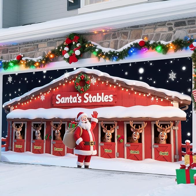 Christmas Decorations Garage Door Cover, 16 x 7 ft Santa's Stables Xmas Garage Door Banner Covering Mural Backdrop Background, Holiday Party Wall Decor Indoor Outdoor