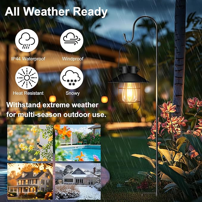 pearlstar 2 Pack Solar Lights Outdoor, Hanging Solar Lanterns with Edison Bulb and 2 x 32 Inch Shepherd Hooks, Waterproof Landscape Lighting for Garden Patio Yard Pathway Driveway Lawn (Black)