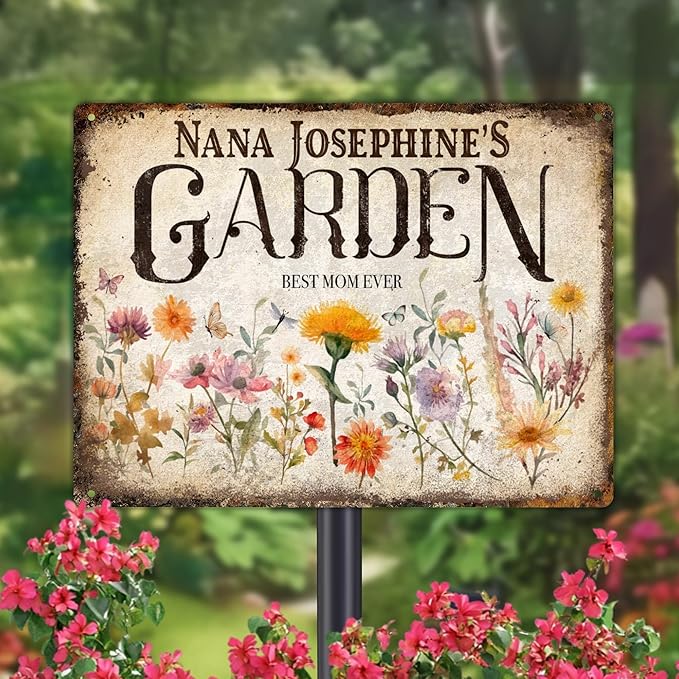 Custom Garden Signs Personalized Metal Tin Sign for Women, Retro Hummingbird Metal Sign for Outdoor, Patio, Yard Home Decor Gift for Mothers Day, Grandmas, and Gardening Lovers (For MOM 02)