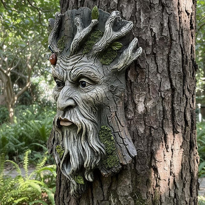 Old Man Tree Face Hugger Outdoor Decor, Handmade Tree Art Resin Statue with Foliage & Mushroom Details, Whimsical Hanging Yard Art for Garden Wall Fence