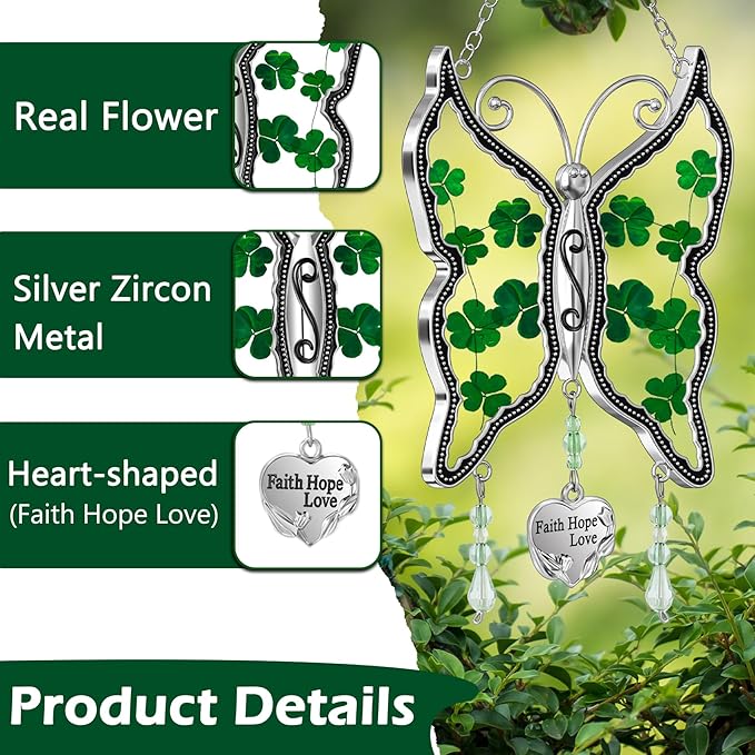 KY&BOSAM Shamrock Butterfly Suncatcher Faith Hope Love Irish Stained Glass for Windows Suncatchers Hangings Ornament Wind Chime with Real Flower as Gifts for Mom Mothers Day St Patrick's Day Decor