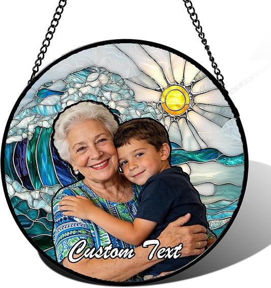 Personalized Custom Photo Grandma Faux Stained Glass Window Hanging - Nana Gifts Customized Memorial Ornaments Suncatchers Christmas Birthday Mother's Day for Lovers Women Men Dad Mom