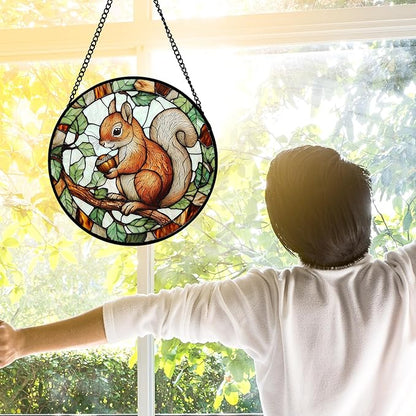 DASTOLL Stained Glass Window Hanging, Squirrel on a Branch Suncatcher Diamond Glass Panel Animal Sun Catchers Decor for Birthday for Women, Men, Wife, Aunt, and Mom 11.8x11.8 in