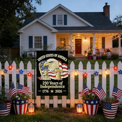 250th Anniversary Garden Flag, 250 Years of Independence Double Sided Garden Flag 12.5x18 Inch, Patriotic Yard Flag with Statue of Liberty, Bald Eagle & Liberty Bell Design, 4th of July Lawn Sign