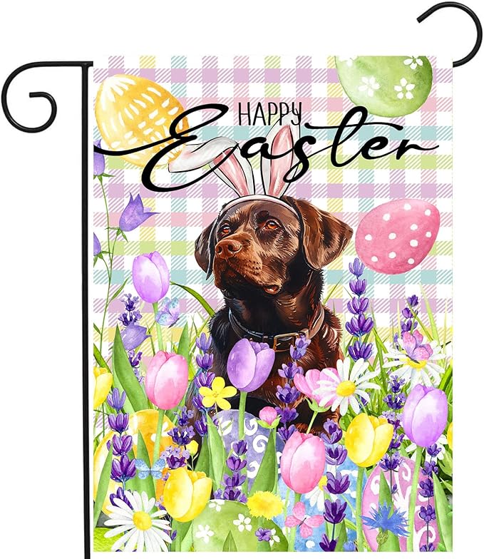 Happy Easter Labrador Dog Garden Flag Chocolate Lab Spring Flags Buffalo Plaid Bunny Eggs Yard Flag for Outside 12x18 Double Sided Small Decorative Floral Outdoor Flag