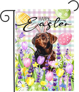 Happy Easter Labrador Dog Garden Flag Chocolate Lab Spring Flags Buffalo Plaid Bunny Eggs Yard Flag for Outside 12x18 Double Sided Small Decorative Floral Outdoor Flag