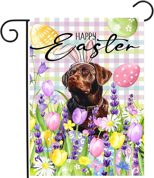 Happy Easter Labrador Dog Garden Flag Chocolate Lab Spring Flags Buffalo Plaid Bunny Eggs Yard Flag for Outside 12x18 Double Sided Small Decorative Floral Outdoor Flag