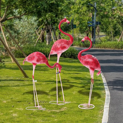 Outdoor Flamingo Garden Statues Set of 1/2/3, Metal Lawn Art Decorations with Rustproof Iron, Lifelike Tropical Bird Sculpture for Yard Patio Terrace Wedding Birthday Gift