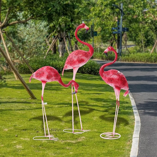 Outdoor Flamingo Garden Statues Set of 1/2/3, Metal Lawn Art Decorations with Rustproof Iron, Lifelike Tropical Bird Sculpture for Yard Patio Terrace Wedding Birthday Gift