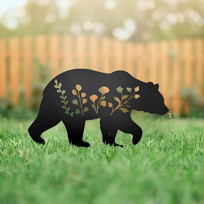 Bear Garden Stake Statue - Flat Black Bear Figurine for Outdoor Lawn & Patio Decor, Composite Ground Stake Decorative Accent
