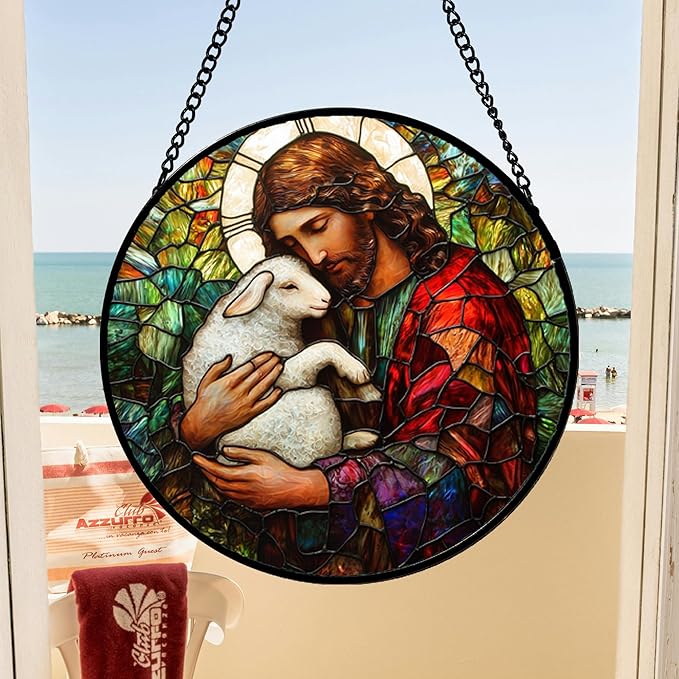 DASTOLL Stained Glass Window Hanging, Jesus Little Lamb Sun Catchers Colorful Glass Panel Christianity Suncatcher Decor for Birthday for Women, Men, Wife, Aunt, and Mom 14.9x14.9 in