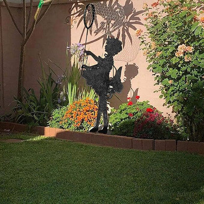 Butterfly Girl Metal Sculpture | Yard Metal Art Statue, Anime Style, Black Iron, Garden Statue, All Seasons