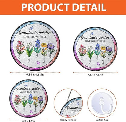 Personalized Grandma’s Garden Stained Glass Window Hanging Ornament, Custom Birth Month Flowers with Kids’ Names, Grandma Love Grows Here Floral Art Decoration, for Mom Grandma