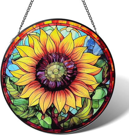 Stained Glass Window Hanging Sunflower Sun Catcher Indoor, Stained Glass Suncathers, Sunflower Gifts for Women,Mom, Grandma and Wife Inspirational Sympathy Gifts 7.8’’ Yellow
