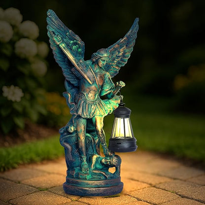 Solar San Miguel Arcangel Outdoor Garden Decor Statues 12.4" Solar St Michael the Archangel Satue for Yard Patio Lawn Porch Decorations Resin St Michael Figurine Religious Collection Sculptures Gifts