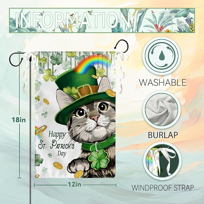 Happy St Patrick's Day Garden Flag Cat with Green Hat Shamrock Yard Flag Shamrock Clover Rainbow Burlap Garden Flags for Irish Spring Farmhouse Patrick Holiday Outdoor Double Sided 12x18 Inch