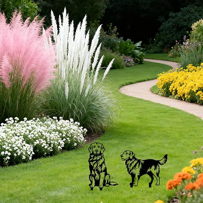 GLOBLELAND 2 Pcs Golden Retriever Mental Garden Stakes Black Silhouette Dog Decorative Yard Stakes Trees Metal Outdoor Art Decor for Yard Patio Lawn Walkway Ornament