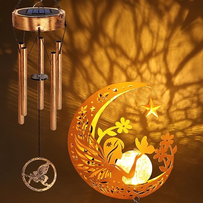 Solar Moon Fairy Wind Chimes, Moon Gifts Mothers Day for Mom Women Men Sympathy Birthday, Hanging Outdoor Decor Cracked Glass Ball Memorial Large Wind Chimes for Garden Patio Porch
