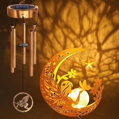 Solar Moon Fairy Wind Chimes, Moon Gifts Mothers Day for Mom Women Men Sympathy Birthday, Hanging Outdoor Decor Cracked Glass Ball Memorial Large Wind Chimes for Garden Patio Porch