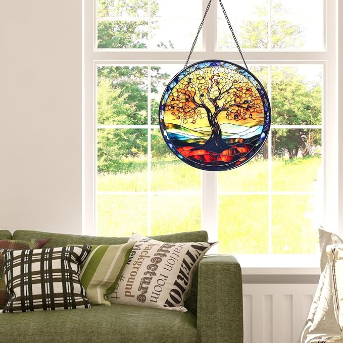 Tree of Life Stained Glass Window Hanging Suncatcher with Chain - 7.9" Outdoor/Indoor Art Decor for Home Garden, Wedding, Mother's, Thanksgiving, Valentine's & Christmas Ornaments Present