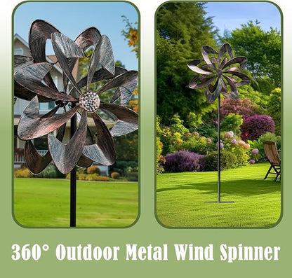 GUAGUA Classical Metal Wind Spinner Outdoor, 360 Degrees Swivel Wind Spinners for Yard and Garden, 74 in Wind Sculptures Willow Leaves Patio Decor (Bronze)