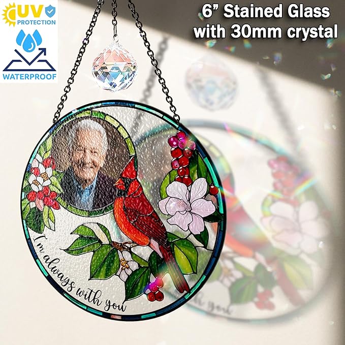 Personalized Photo Cardinal Stained Glass Suncatcher, Cardinal Memorial Sun Catcher Window Hanging, I'm Always with You Gift Home Decor, Mother's Day Sympathy Gift for Mom, Dad, Family SC-HU-M123