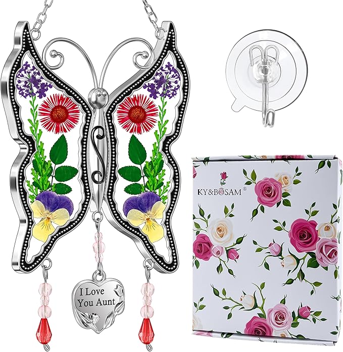 KY&BOSAM Gift for Aunt Suncatcher Butterfly I Love You Aunt Gift Stain Glass Suncather for Window Hanging Wind Chime with Pressed Flower Embedded Birthday Gifts for Women Mother`s Day Christmas