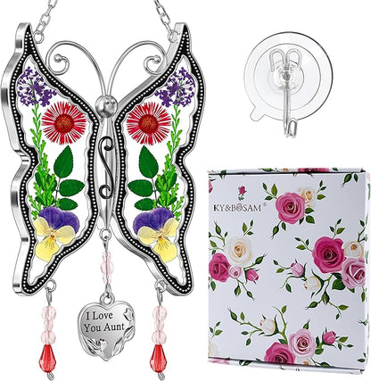 KY&BOSAM Gift for Aunt Suncatcher Butterfly I Love You Aunt Gift Stain Glass Suncather for Window Hanging Wind Chime with Pressed Flower Embedded Birthday Gifts for Women Mother`s Day Christmas