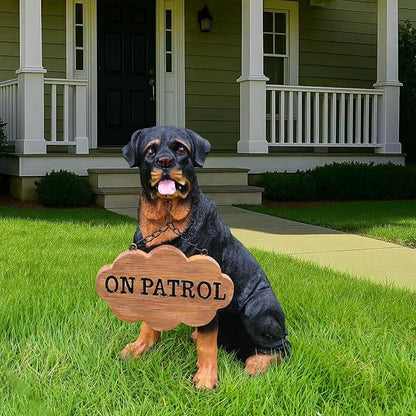 Rottweiler Front-Gate Sentinel with Solar Lantern & Double-Sided Sign, Sitting Black & Tan Statue for Drive, Portico, Lawn & Path