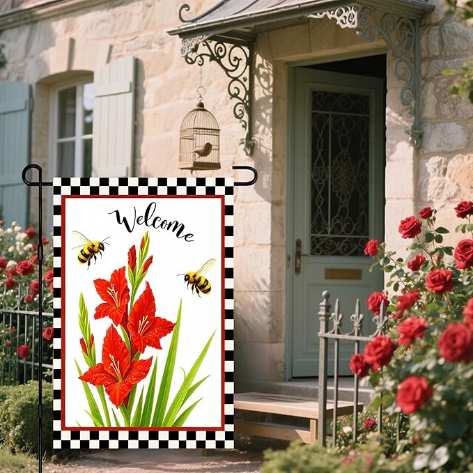 IVN Welcome Garden Flag 12x18 Inch Double Sided Spring Summer Garden Yard Flags Red Gladiolus Flowers Bees Decorative Small Flags for Outdoor Seasonal Front Door Lawn Porch Patio Decor Yard Flag