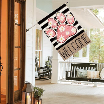 AVOIN colorlife Pink Paw Print Spring House Flag 28x40 Inch Double Sided Outside, Daisy Floral Welcome Stripes Yard Outdoor Flag